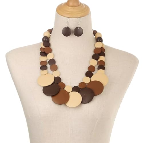 Zian Colorful Wooden Round Beaded Necklace Earrings Jewelry Set for Women Multicolor African Wood Beads Geometric Ethnic Choker Bohemian Statement Accessories - color: Brown