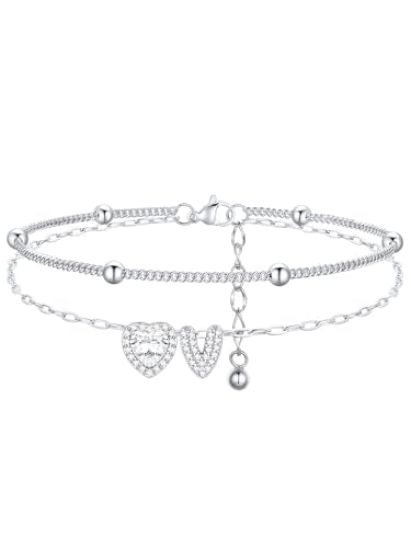 FindChic Silver/14K Gold Plated Layered CZ Initial Ankle Bracelet for Women | Waterproof Stainless Steel, Cubic Zirconia Letter Charm, Non-Tarnish, Hypoallergenic, Adjustable Extender, Summer Jewelry - color: Silver-CZ Heart, size: V