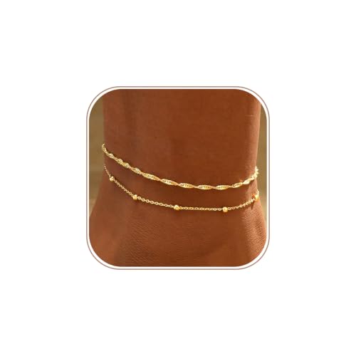 2/3 PCS Gold Anklets for Women Waterproof Cuban Link Anklet Beaded Bracelets Stackable Bracelets 14K Gold Plated Custom Jewelry Gifts Non Tarnish Lightweight - style: Gold Anklet 03