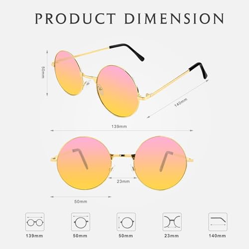 NACHLYNN Round Hippie Sunglasses Metal Border Circle Hippie Glasses UV380 Protection 70s Sunglasses for Men Women Party Favor - color: Pink Yellow