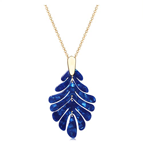 ARATLENCH Acrylic Pendant necklace Earrings – Long Statement Leaf Charm Necklace Tortoise Resin Palm Leaf Earrings Fashion Necklaces Earrings for Women - color: deep blue necklace