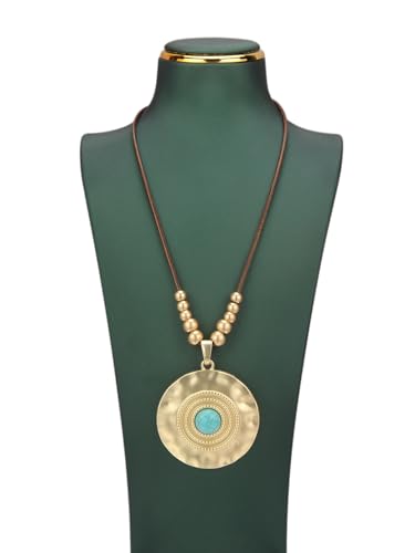 GelConnie Leather Necklaces Turquoise Long Boho Necklaces for Women Brown Chunky Circle Pendant Chocker Necklace Gold Sweater Necklace - style: Brown Leather Turquoise Necklace