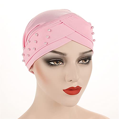 Women Beaded Silky Beanie, Pre-Tied Turban Head Wrap Cap for Chemo Chemical Cancer Hair Loss Cover Hat - color: Pink