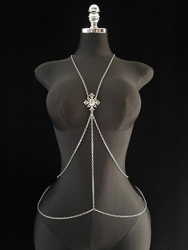 Paloli Gothic Cross Body Chain for Women – Silver Tone Adjustable Waist Body Jewelry, Vintage Filigree Y-Style Harness Necklace for Festival Party Outfit - style: MoonLight Crystal