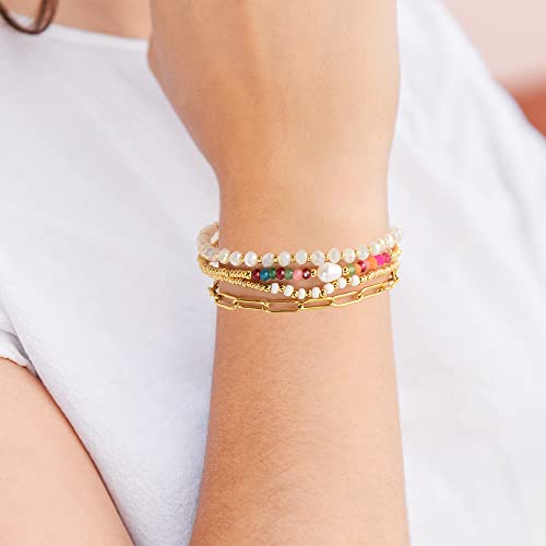 Dainty Gold Plated Pearl Crystal Beaded Bracelets Set for Women 14K Gold Plated Bead Pearl Beads Bracelet Stackable Paperclip Link Chain Bracelets Gold Plated Bracelets for Women Trendy Jewelry - color: Style1