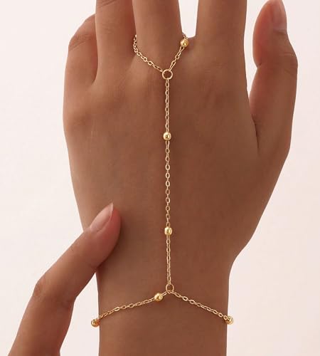 YEEZII Gold Hand Chain Bracelets for Women, 2 Pcs 14k Gold Plated Cubic Zirconia Link Chain Bracelet Set, Trendy ring bracelet hand chain Jewelry for Her - color: Gold-G