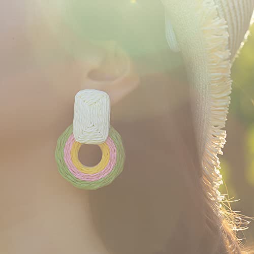 Statement Raffia Earrings Cute Boho Earrings Rattan Dangle Earrings Handmade Straw Wrap Earrings Summer Drop Dangling Earrings for Women Teen Girls - color: Green/Pink/Yellow