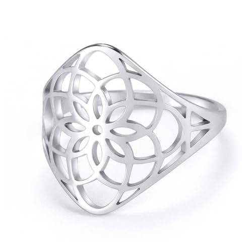 TEAMER Filigree Flower Ring Stainless Steel Elegant Bohemian Finger Ring Wedding Band Ring Exquisite Jewelry for Women - color: Style 1 - Silver