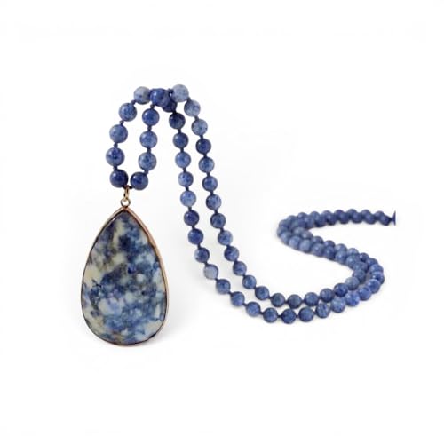 Long Genuine Stone beads and Pendant Necklace for Woman. Hand Knotted natural stone beads with big non-precious stone statement necklace. HANDMADE Boho Jewelry for women. - color: Blue