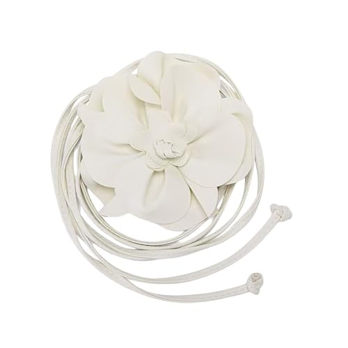 Boho Big Flower PU Leather Waist Belt Chain for Women Rose Floral Camellia Long Tassel Adjustable Waist Band Jewelry - color: White