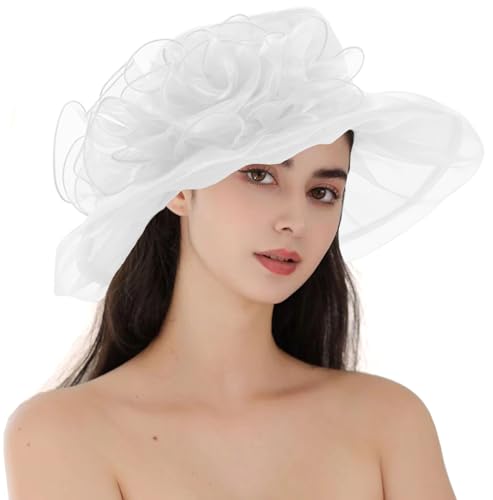 Women's Kentucky Derby Church Dress Hat Wide Brim Leaf Flower Bridal Shower Hat - color: G1-white
