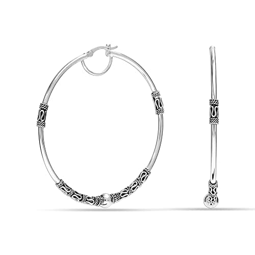 LeCalla 925 Sterling Silver Large Hoop Earrings | Lightweight Antique Bali Hoops | Two-Tone Bohemian Oxidized Balinese Earrings for Women - color: BIG Bali Beaed-60mm