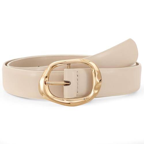 Women Leather Belt for Jeans Pants Ladies Casual Waist Belt Fashion Women Belt with Gold Buckle - color: Gold Beige, size: Suit for waist size 42"-46"