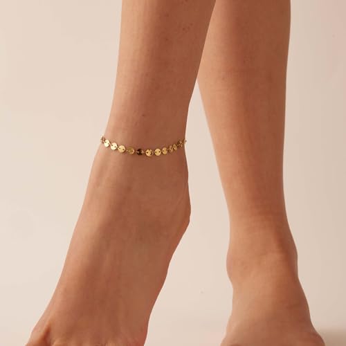 Dainty Ankle Bracelets for Women 18K Gold Plated Satellite Beaded Herringbone Lip Chain Anklets Simple Minimalist Summer Beach Foot Jewelry Christmas Gifts - color: Coin-Gold