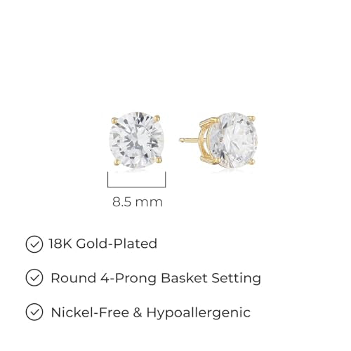 Amazon Essentials Plated Sterling Silver Cubic Zirconia Stud Earrings (Round & Princess) - color: White/Yellow Gold, size: 8.5 mm, style: Round Cut