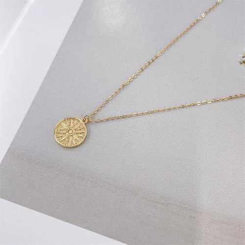 NewZenro Vintage Sun Embossed Round Disc Pendant Necklace for Women Dainty Minimalist S925 Sterling Silver 18K Gold Plated Link Choker Necklaces Adjustable Chain Fashion Trendy Jewelry for Her Bff - color: Gold