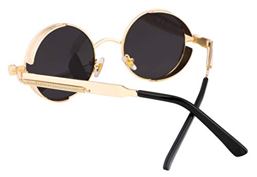 FEISEDY Retro Gothic Steampunk Sunglasses Round Metal Frame Punk Circle Inspired Shade Men B1857 - color: Gold/Grey