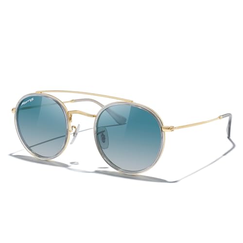 MERRY'S Retro Round Polarized Sunglasses - Unisex Double Bridge Sun Glasses - color: Tra Gray Frame/Gold Bridge/Green Gradient Lens