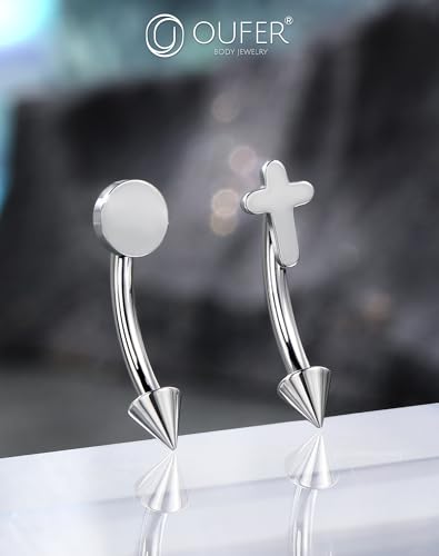 OUFER Rook Piercing Jewelry, G23 Solid Titanium Eyebrow Rings, Heart Vertical Labret Lip Jewelry, 16G Curved Barbells, Daith Rook Earrings for Women Men - color: Silver Cross, size: 16G 8mm