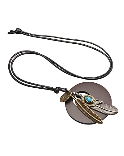 Leather Necklace for Women Long Boho Necklace Bohemian Choker Vintage Necklace Braided Boho Jewelry with Adjustable Brown Leather Cord - color: Feather Wood Necklace
