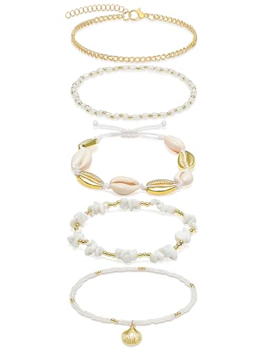 Shell Ankle Bracelets Set for Women Boho Bead Anklets Hawaiian Summer Beach Seashell Pearl Disc Puka Cowrie Conch Foot Chain Jewelry Gifts Gold Tone Adjustable - style: Shell
