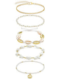 Shell Ankle Bracelets Set for Women Boho Bead Anklets Hawaiian Summer Beach Seashell Pearl Disc Puka Cowrie Conch Foot Chain Jewelry Gifts Gold Tone Adjustable - style: Shell