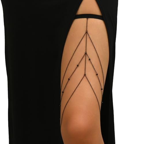 Summer Beach Leg Body Jewelry,Bohemian Elastic Band Leg Thigh Chain Bikini Multi-layered Bead Thigh Chain Accessory Jewelry for Women - color: Black