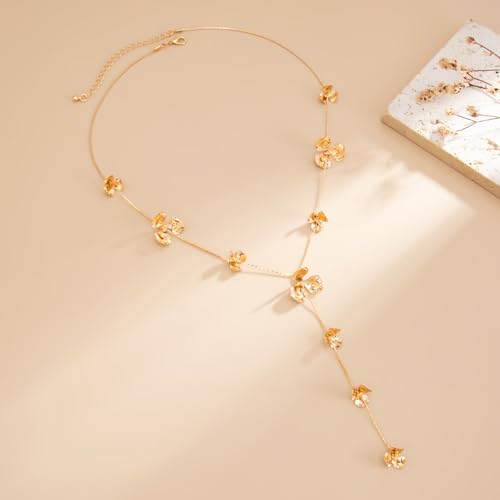 Gold Flower Y Chain Necklace for Women Layered Flower Pendant Choker Long Rhinestone Chain Necklace Party Prom Jewelry - color: Gold B