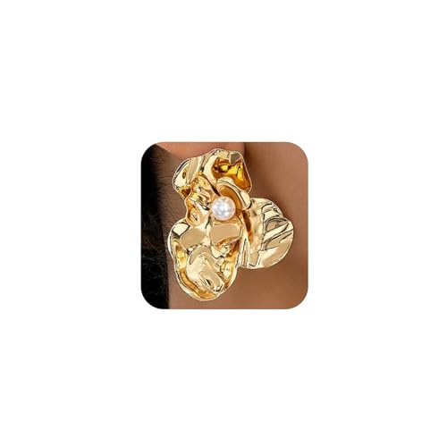 Chunky Large Gold Flower Stud Earring for Women Statement, Boho Big Red Irregular Floral Pearl Earrings Trendy Y2K Prom Party Jewelry Accessories Gift - color: Gold