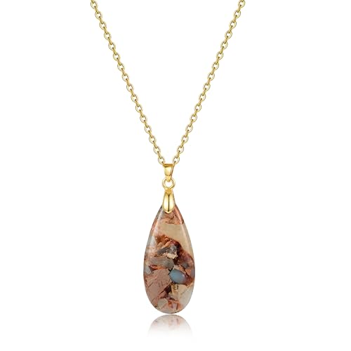 Joya Love 14K Gold Plated Healing Stone Teardrop Pendant Necklace for Women, Waterproof Stainless Steel Chain, Colorful Natural Stone Look, Boho Spiritual Jewelry Gift - color: khaki-Gold