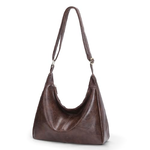 Brown Shoulder Bag for Women,Brown Leather Purse Slouchy Hobo Bags Everyday Purse Daily Commuting Bag with Zipper - color: Coffee