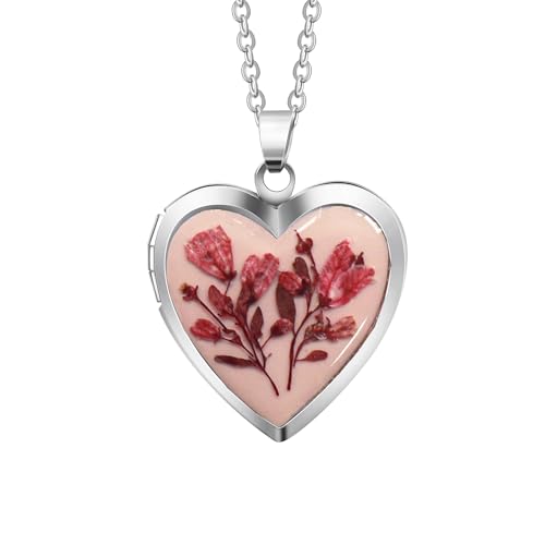 Handmade Dried Pressed Flower Heart Shaped Photo Locket Pendant Necklace - color: Silver, style: Fushia Flower on Pink