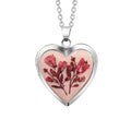 Handmade Dried Pressed Flower Heart Shaped Photo Locket Pendant Necklace - color: Silver, style: Fushia Flower on Pink