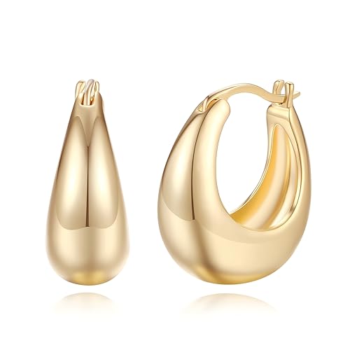 14K Gold Chunky Hoop Earrings for Women, Vintage Textured Huggie Sleeper Earrings, Lightweight Hypoallergenic Statement Earrings for Sensitive Ears