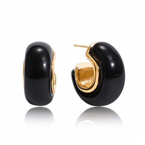 Fullpop Vintage Earrings for Women, Chunky 14K Gold Plated Resin Hoop Earrings Lightweight Hollow Drop Earrings Hypoallergenic Earrings for Women Vintage Anthropologie Jewelry Gifts for Women - size: Round-Black