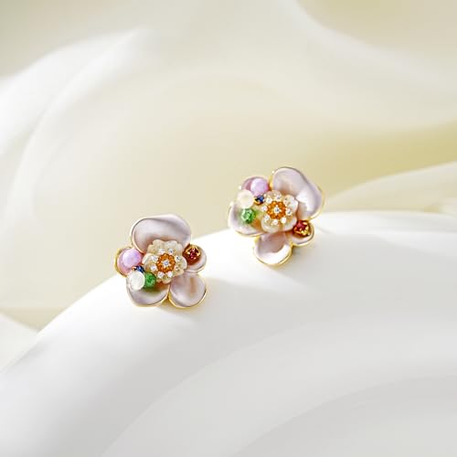 Pink Flower Earrings for Women, 925 Sterling Silver Stud Earrings, Cute Plumeria Earrings For Women, Cherry Blossom Hypoallergenic Stud - color: Colorful Plum Blossom