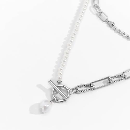 Gold Stack Necklace Chunky Necklaces for Women Trendy Coin Pendant Long Necklaces Western Jewelry for Women Cowgirl Cowboy Chic Country Outfit Boho Accessories Birthday Jewelry Gifts - color: B Silver Paperclip Pearl Chain Necklace