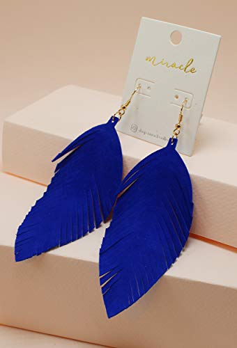 Large Genuine Soft Leather Handmade Fringe Feather Lightweight Tear Drop Dangle Color Earrings for Women Girls Fashion - color: Blue