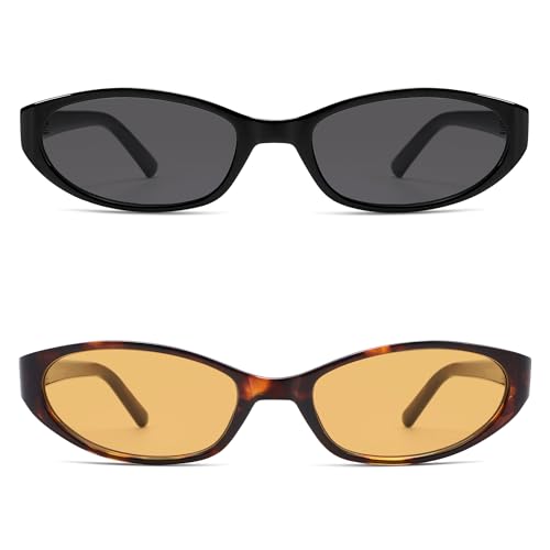 Retro Oval Sunglasses for Women Men Y2k Narrow Cat Eye Sunnies Skinny Shades AR82299 - color: 01. Black/Grey+tortoise/Yellow