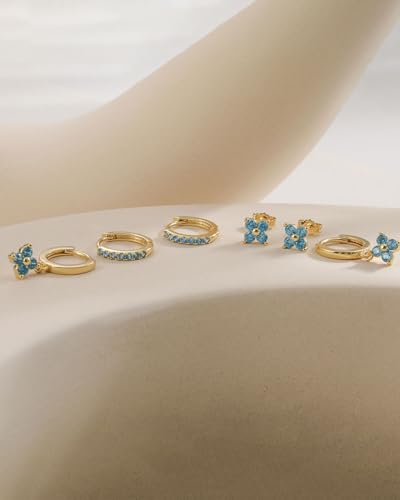 3 Pairs Gold Hoop Earrings Set for Women, Hypoallergenic 14K Gold Plated Huggie Earrings Stacks for Multiple Piercing Dainty Stud Earring Cartilage Birthstone Earring Women Jewelry Gift - color: 12.December(Artificial Tanzanite)