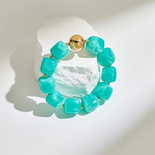 Multicolor Chunky Beaded Bracelet for Women Bold Acrylic Resin Stretch Bracelet Summer Beach Statement Bracelets Trendy Elastic Bangle Jewelry - color: Bead bracelet-lake blue