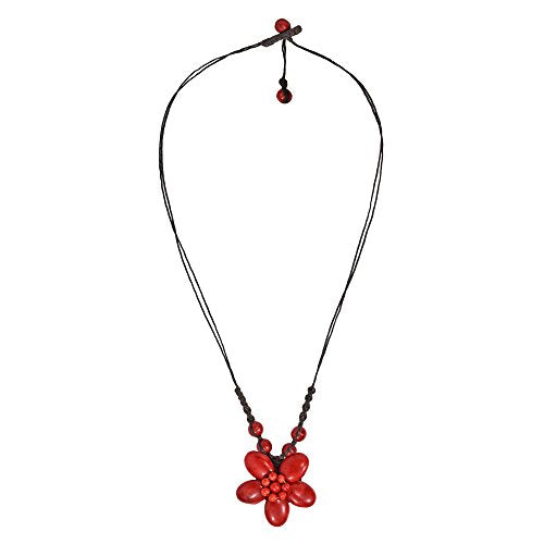 AeraVida Vibrant and Colorful Red Daisy Flower of Reconstructed Red Coral and Brass Wire Pendant on Cotton Rope Boho Chic Vibes with a Native Touch Statement Necklace