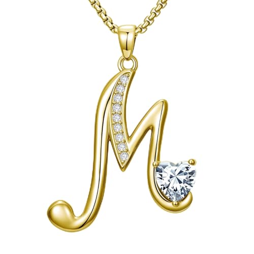 Birthday Gifts for Women 18k Gold Initial Necklaces for Women Simple Alphabets Letters with Birthstone Pendants Name Jewelry Anniversary Wedding Gifts for Sister Daughter Her (with Gift Box) - color: 04-Apr-5A White CZ, style: Letter M
