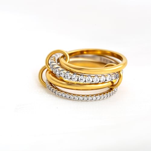 Gold Stackable Rings for Women Non Tarnish, 18k Gold Plated Cubic Zirconia Rings, Silver Gold Multi Ring Mixed Metals Stack Rings Set - color: Two tone, size: 11
