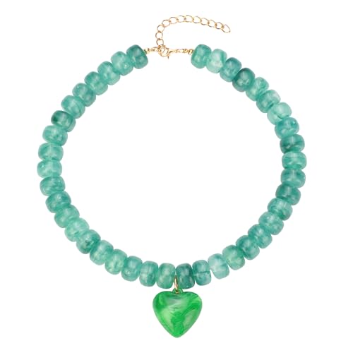Chunky Colorful Beaded Statement Boho Summer Beach Chokers Necklace Heart Pendant Pink Green Yellow Brown Fashion Jewelry - color: Green