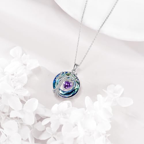 POPLYKE Mothers Day Gifts for Mom Her Wife Tree of Life Necklace 925 Sterling Silver Birthstone Pendant with Crystal Anniversary Birthday Wedding Jewelry for Women - color: 02-Feb-Amethyst, style: White Gold Plated-Blue Crystal