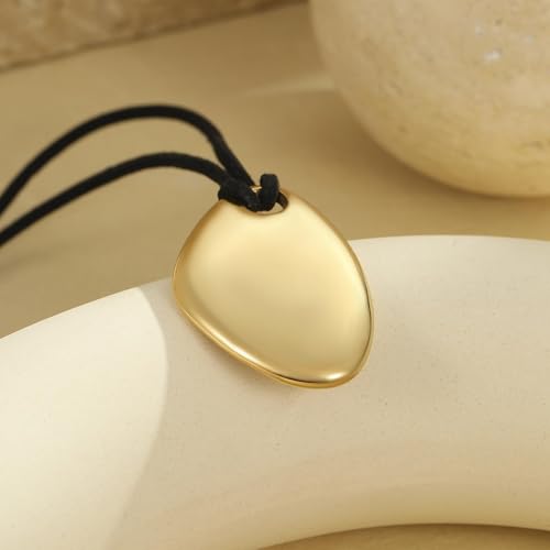 Black Cord Necklace with Gold Circle Pendant Chunky Leather Cord Necklace Large Round Pendant Statement Necklace Long Boho Jewelry Western Outfit for Women - color: B1