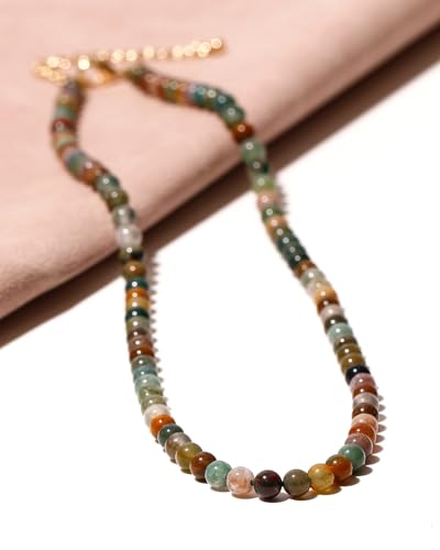 Simple Choker Necklace for Women Real Stone and Crystals Necklaces 4mm Beaded Choker Jewelry Meditation Gift for Women (16"+2") - style: Indian Agate