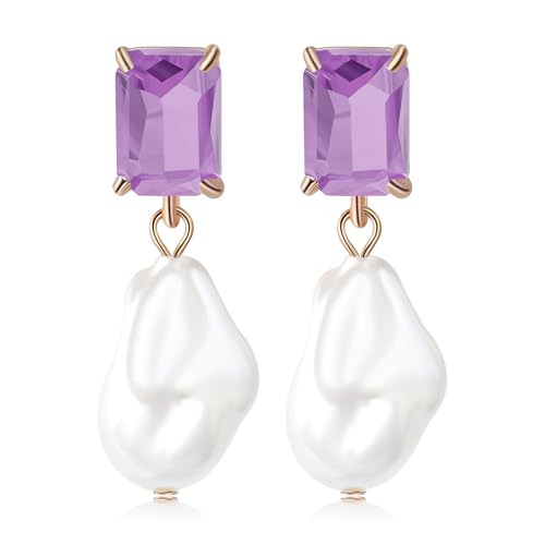 Fashion Pearl Drop Earrings for Women With Crystal - Rhinestone Statement Earrings with Pearl Dangling Studs - Large White Baroque Pearl Earrings for Bridesmaid Wedding Party Birthday Holiday - color: Purple