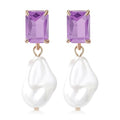 Fashion Pearl Drop Earrings for Women With Crystal - Rhinestone Statement Earrings with Pearl Dangling Studs - Large White Baroque Pearl Earrings for Bridesmaid Wedding Party Birthday Holiday - color: Purple